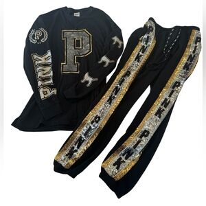 Victoria’s Secret PINK Sequin Logo outfit set Black Gold Silver Small